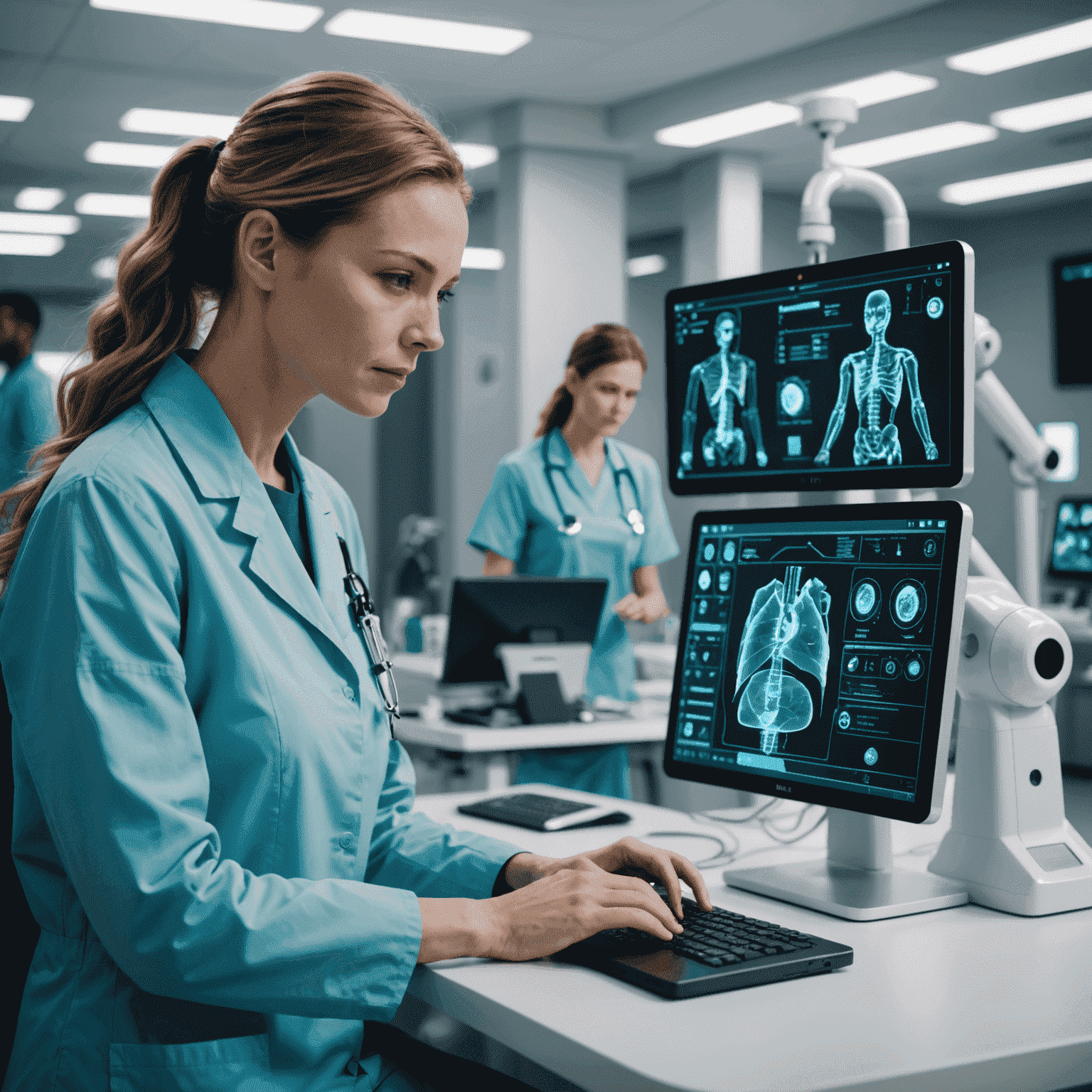 A futuristic image of a nurse working alongside an AI assistant, showcasing advanced medical technology and holographic displays in a modern hospital setting.