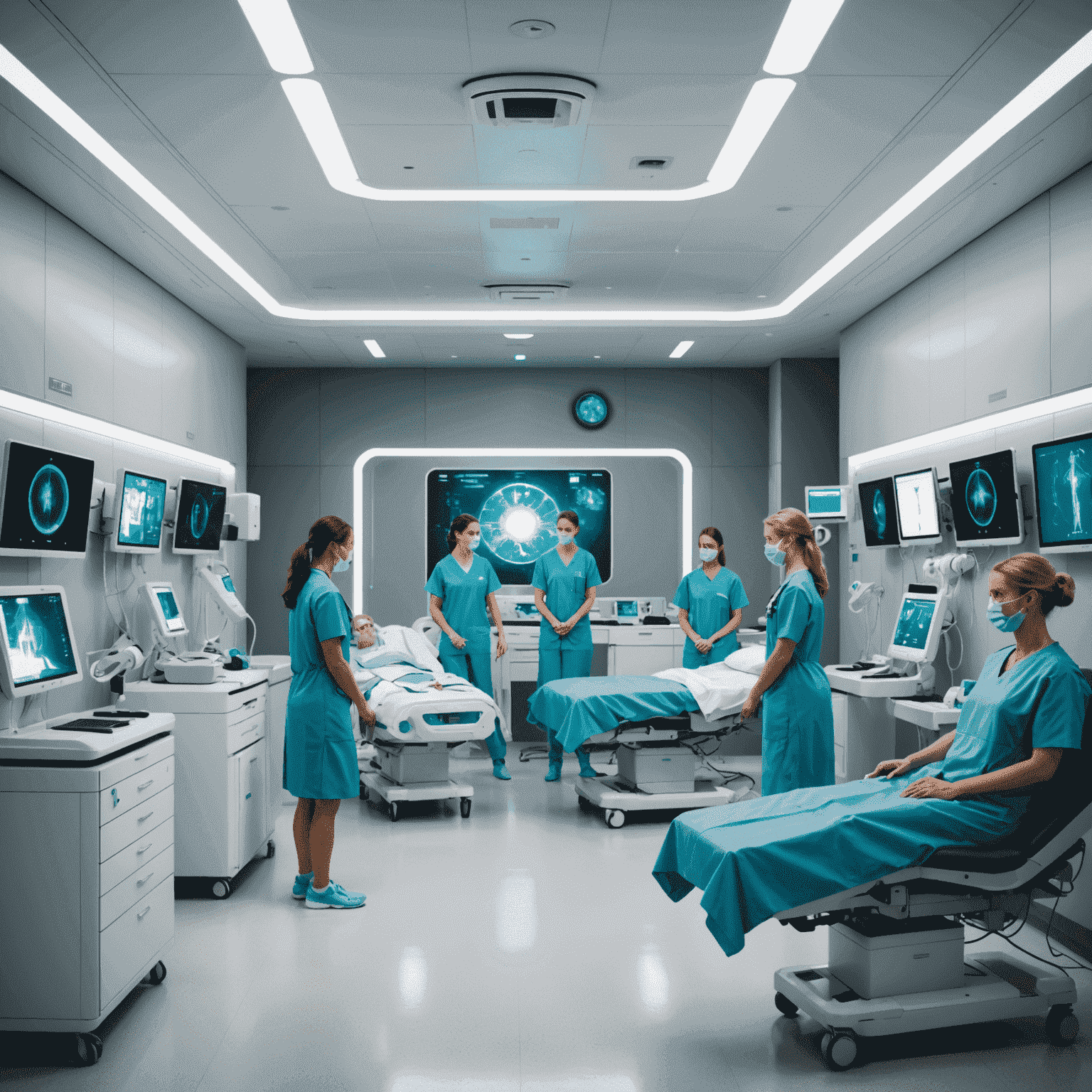 A futuristic hospital room with AI-powered nursing assistants working alongside human nurses, showcasing advanced medical technology and robotics.