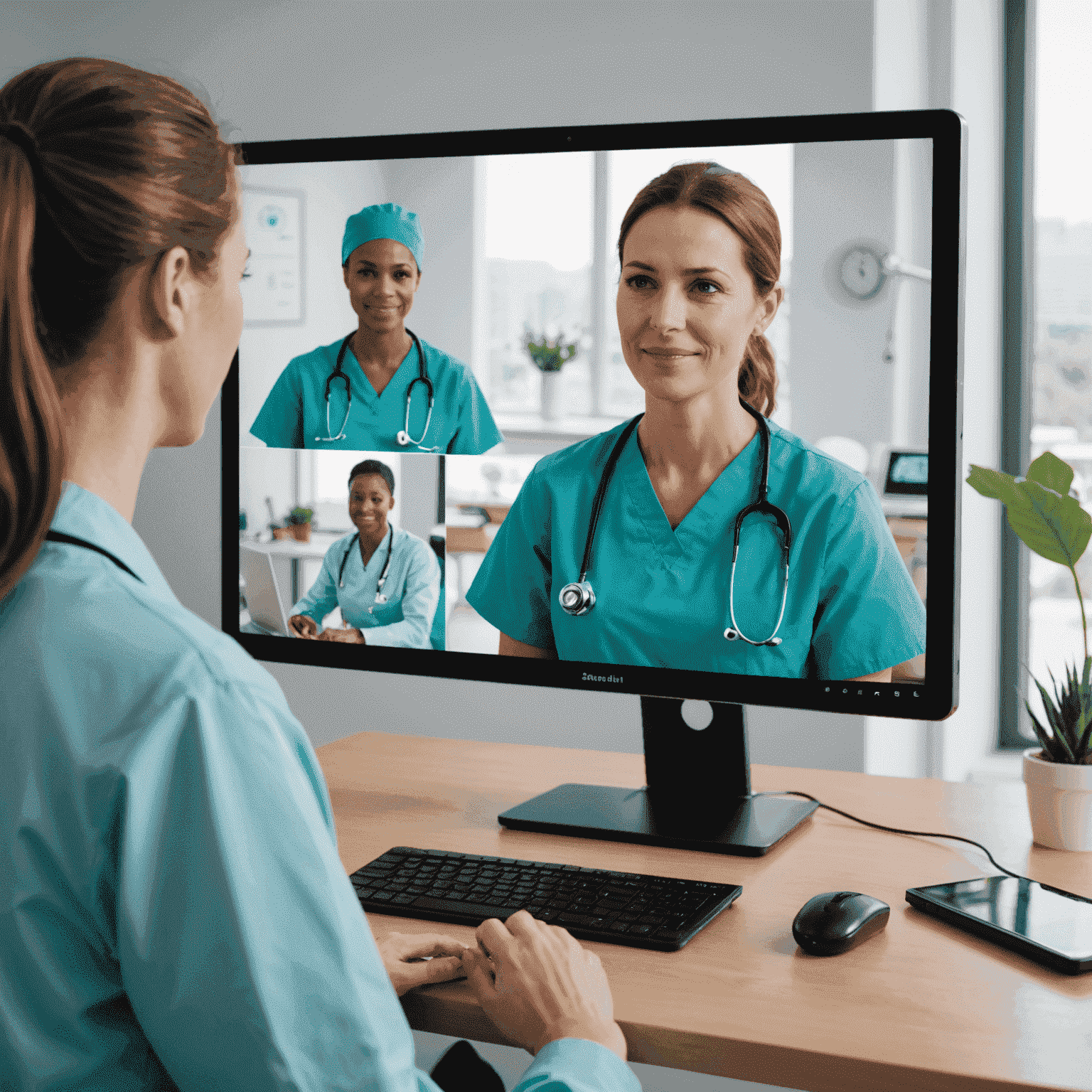 A nurse conducting a telemedicine consultation with a patient on a large screen. The nurse is wearing scrubs and a stethoscope, sitting in a modern office with medical equipment visible. The patient on the screen appears to be at home.