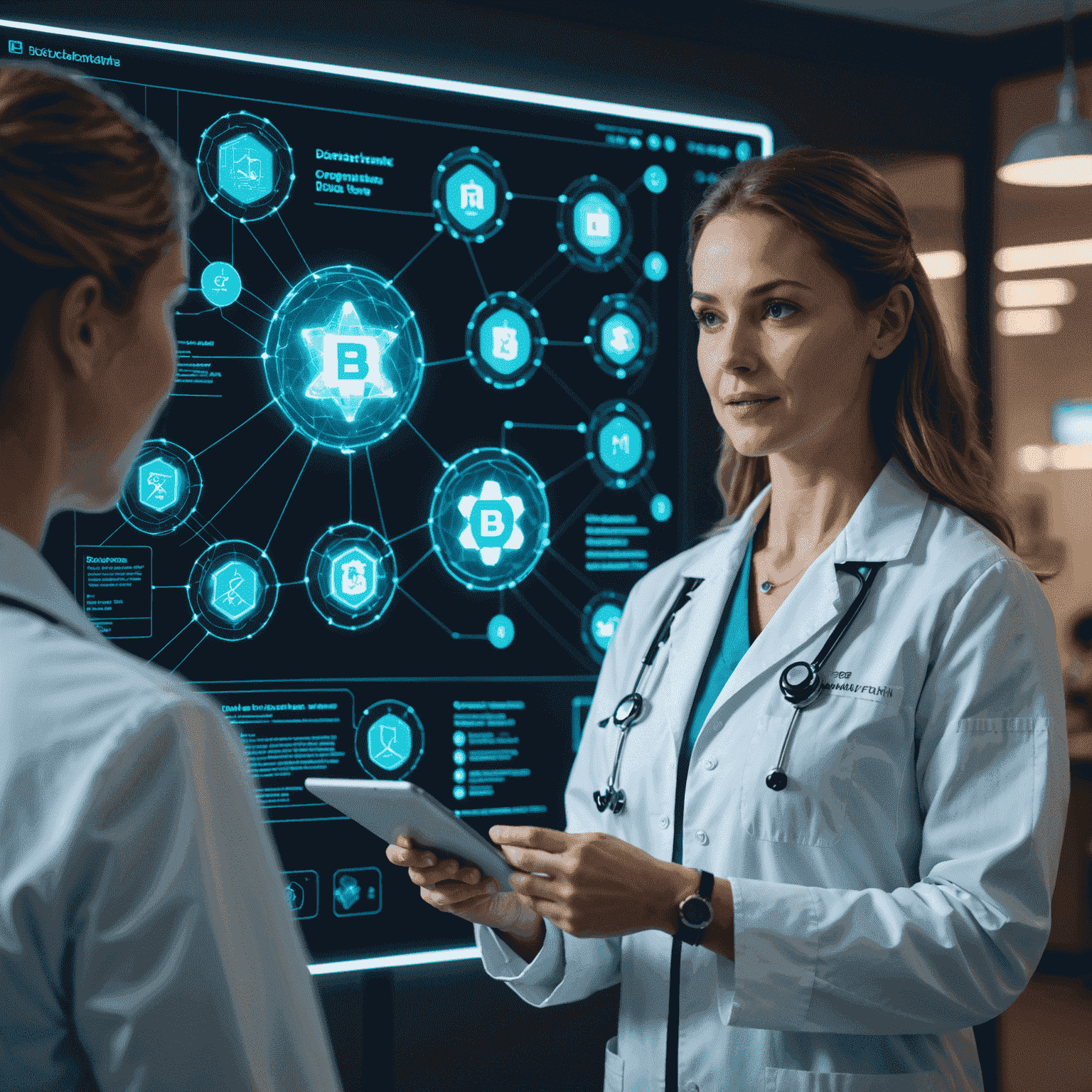 Nurse interacting with a holographic display showing blockchain connections and patient data, symbolizing the role of nurses as data custodians in healthcare