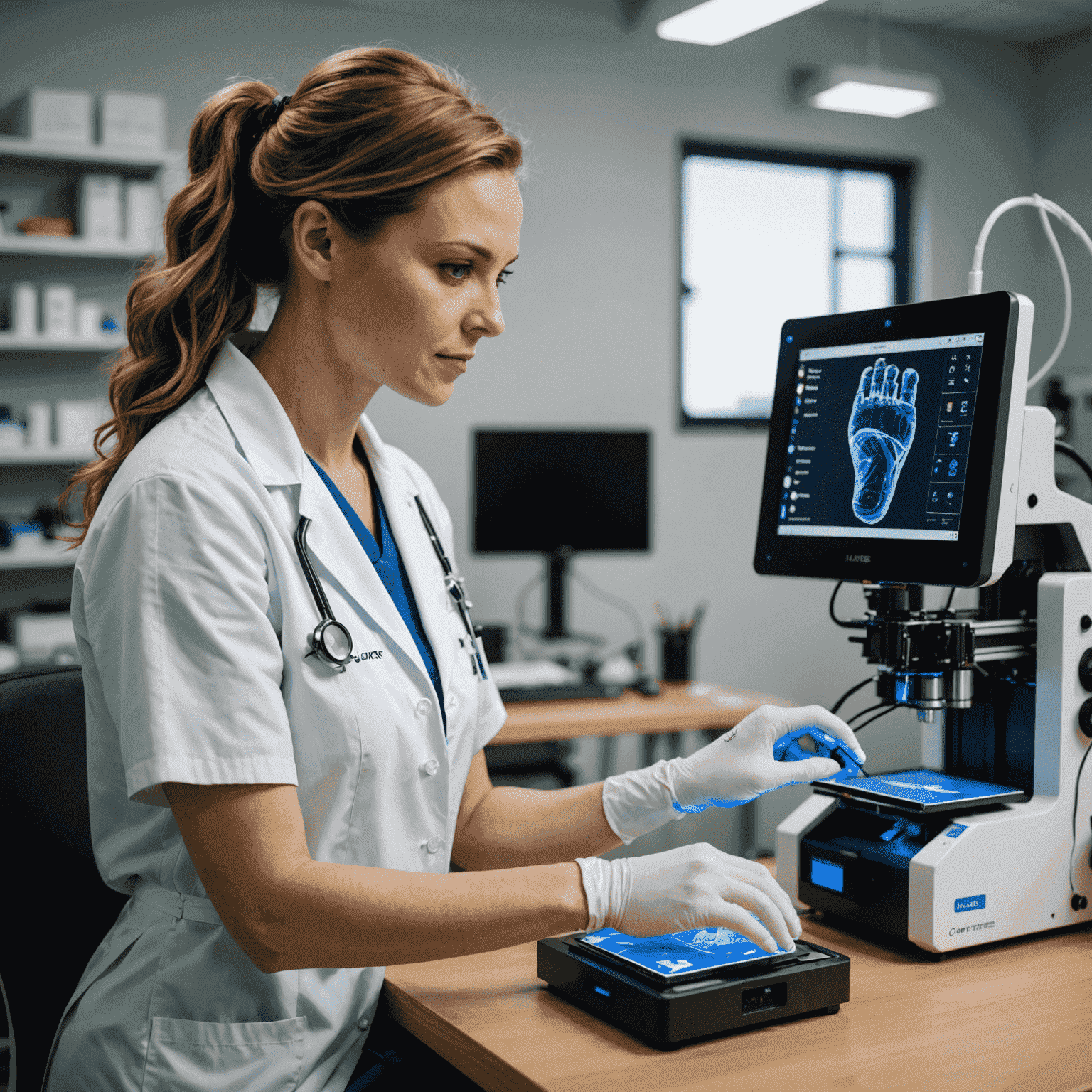 A nurse operating a 3D printer to create a prosthetic limb, showcasing the intersection of healthcare and technology