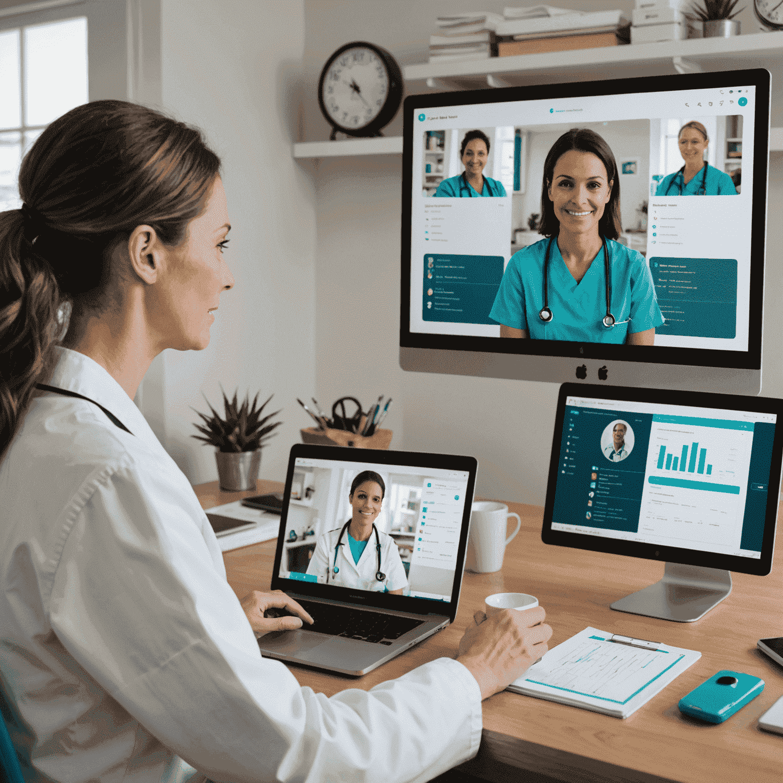 A split-screen image showing a nurse conducting a video consultation on one side and a patient at home on the other, with medical data and charts overlaid, symbolizing remote healthcare.