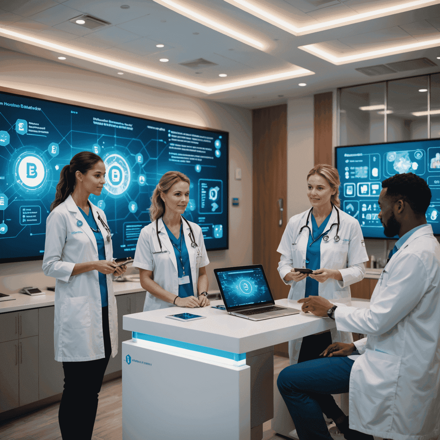 Futuristic nursing station with blockchain-enabled devices and a nurse explaining blockchain benefits to a diverse group of healthcare professionals