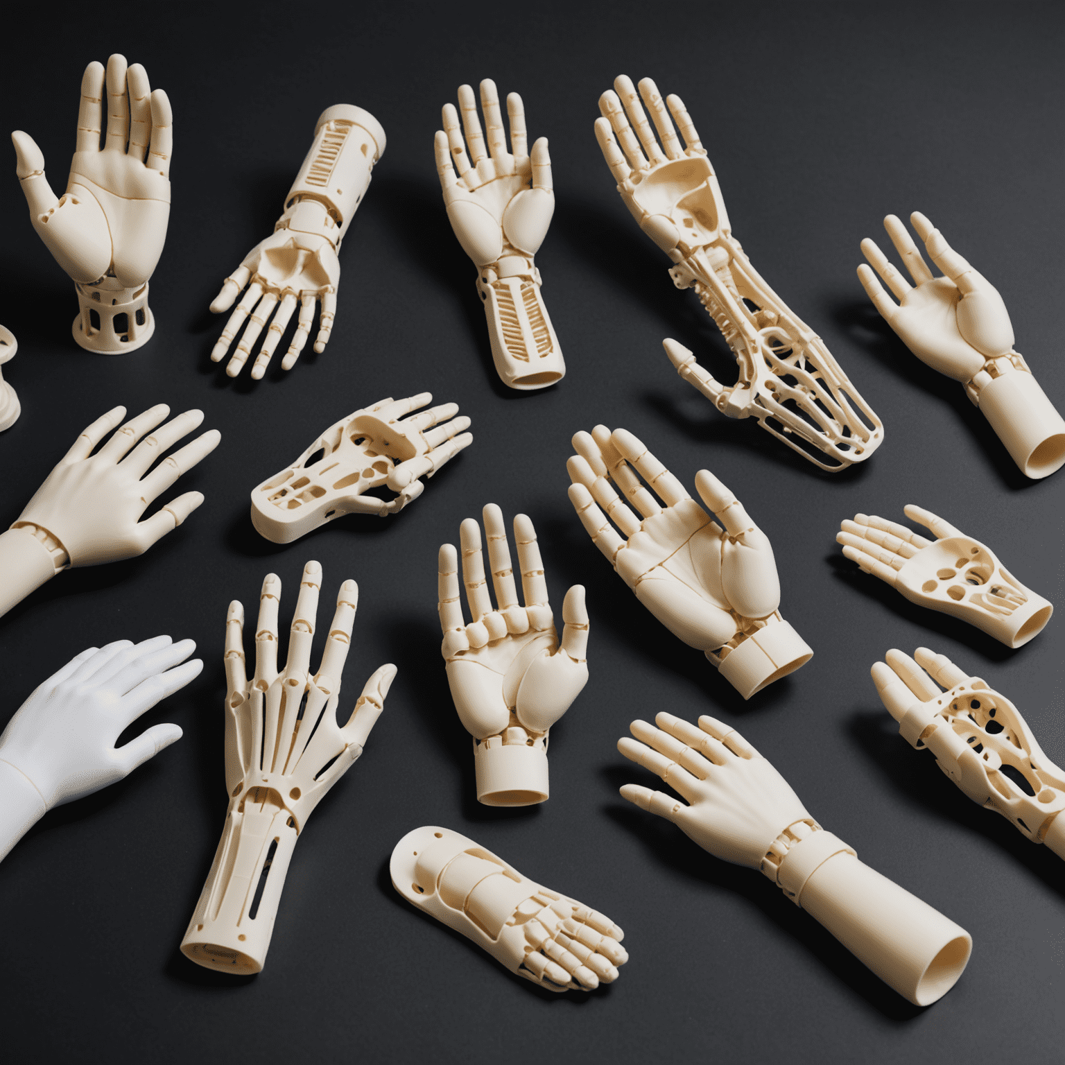 A collection of 3D printed medical devices including prosthetic hands, custom orthotics, and anatomical models