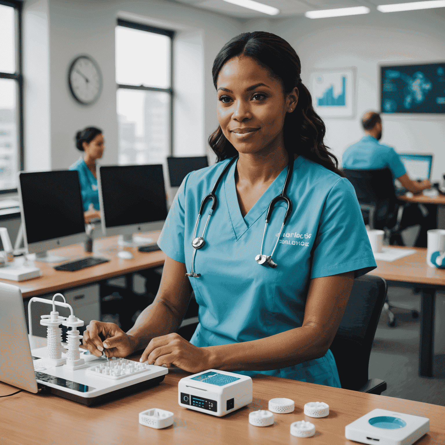 A nurse entrepreneur showcasing her 3D printed medical devices to potential clients in a modern office setting